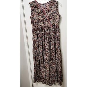 Embellished Faux Wrap Sleeveless Tiered Ruffled Maxi Dress Blue Beige Medium‎